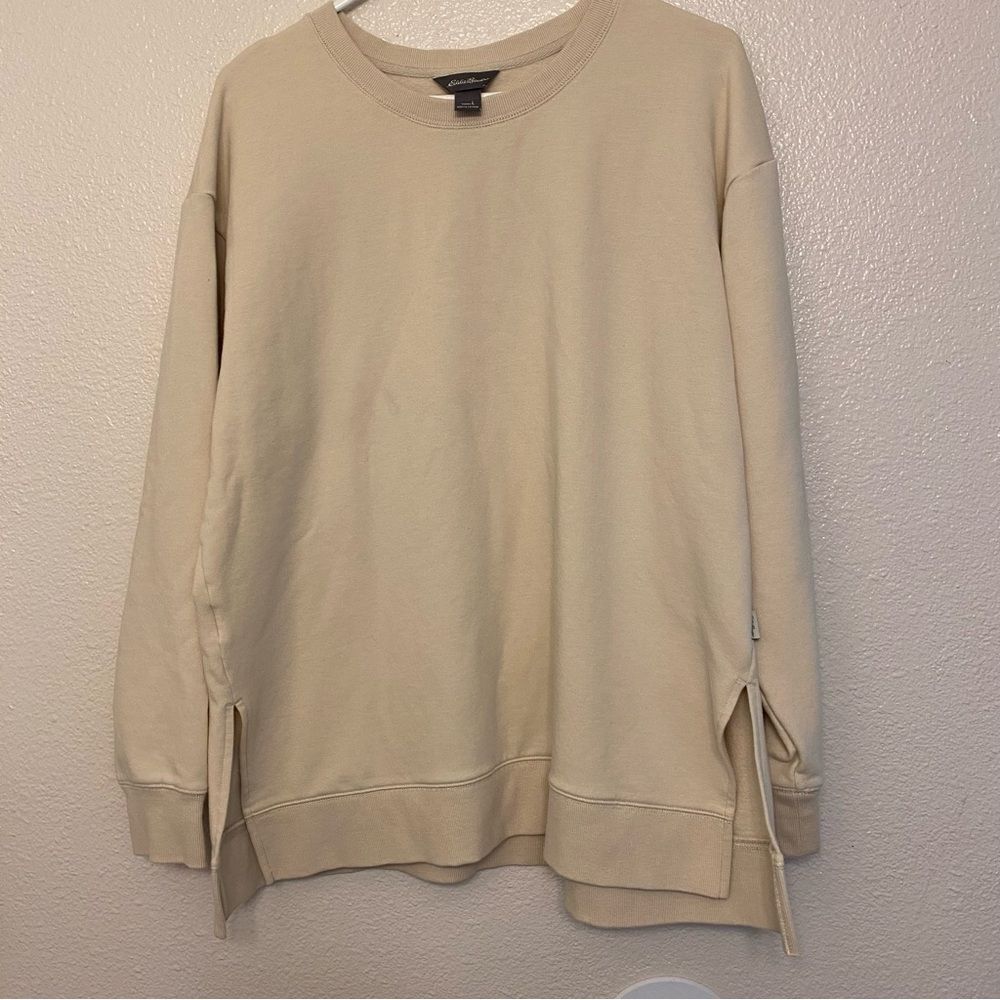 Eddie Bauer tan beige classic crew neck minimalist sweatshirt fleece lined L